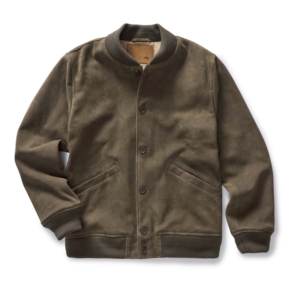 Taylor Stitch Army Green Suede Bomber Jacket